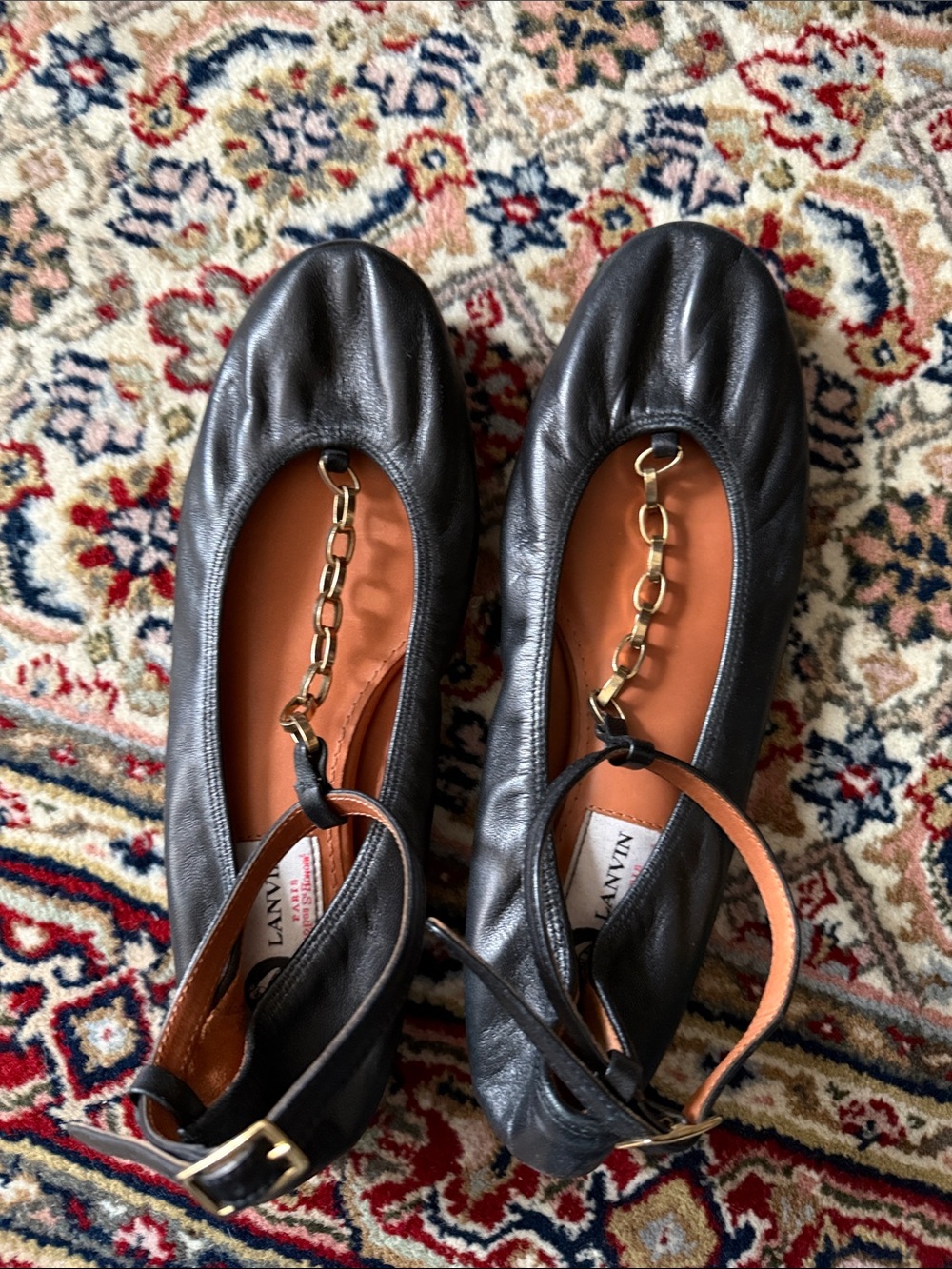 Lanvin Black Leather Ballet Flats with Gold Chain and Ankle Strap